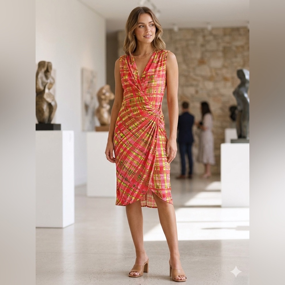 Josie Natori Sleeveless Pink Plaid Wrap Dress